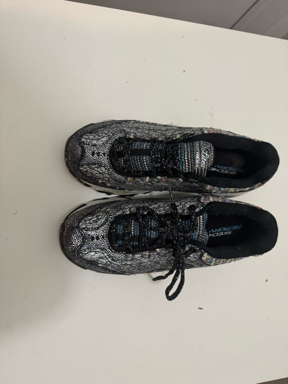 Skechers Black Silver Metallic Lace-Up Sneakers with Multicolor Accents